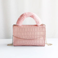Crocodile Pattern Stone Print PU Crossbody Bag with Fur Handle