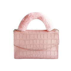 Crocodile Pattern Stone Print PU Crossbody Bag with Fur Handle