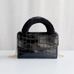 Crocodile Pattern Stone Print PU Crossbody Bag with Fur Handle