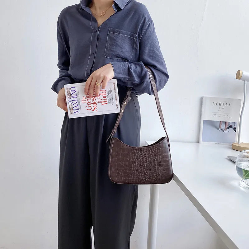 Crocodile Stripe PU Leather Shoulder Bag for Women Vintage Tote Handbag