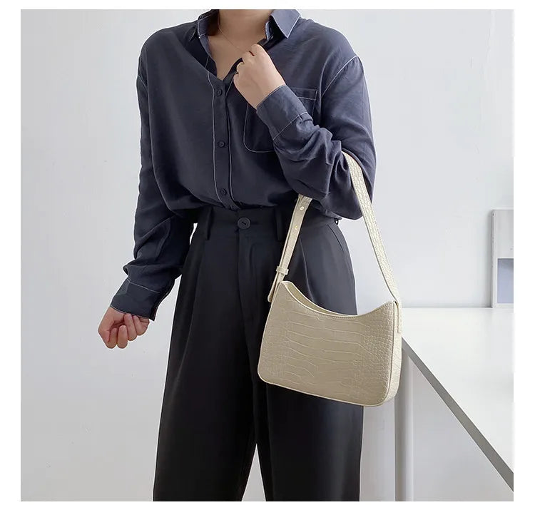 Crocodile Stripe PU Leather Shoulder Bag for Women Vintage Tote Handbag