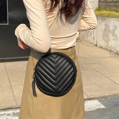 Women's Round Saddle Crossbody Bag Solid Thread Leather Handbag