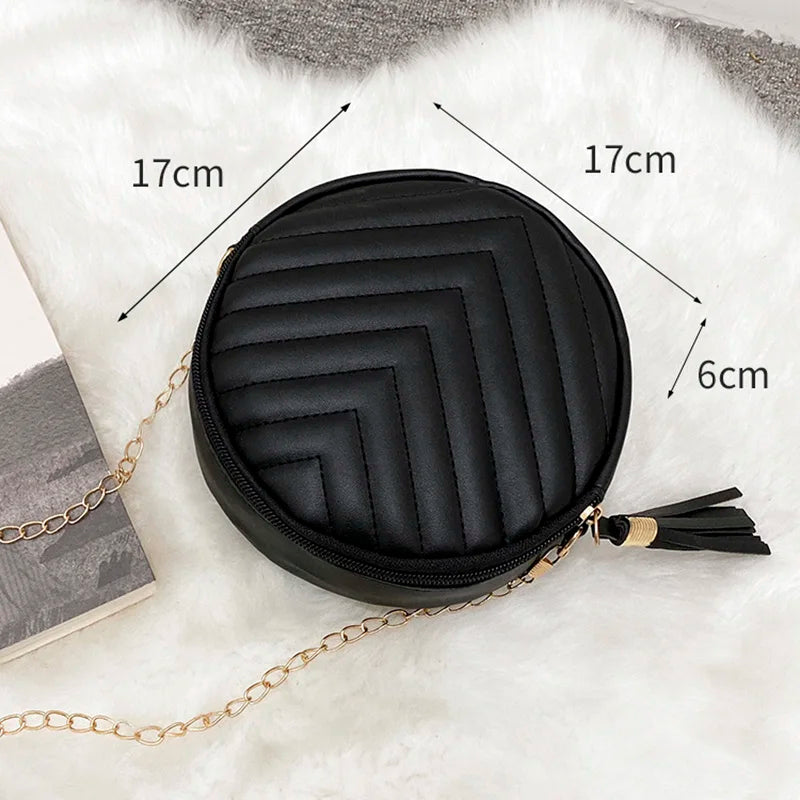 Women's Round Saddle Crossbody Bag Solid Thread Leather Handbag