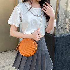 Women's Round Saddle Crossbody Bag Solid Thread Leather Handbag