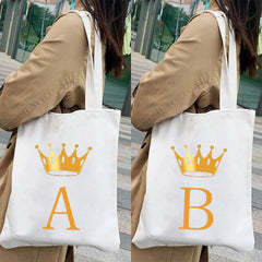 Golden Alphabet Women Shopper Bag Canvas Tote Shoulder Lady Shopping Bag