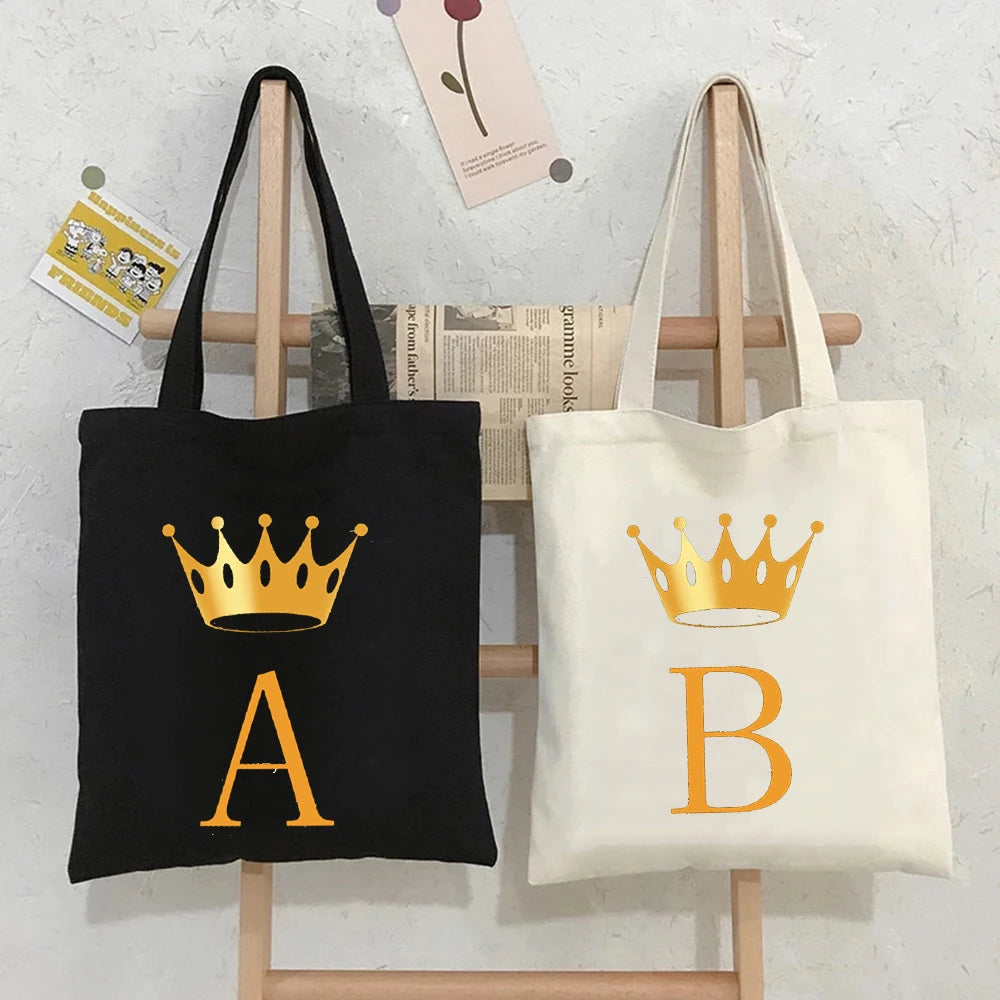 Golden Alphabet Women Shopper Bag Canvas Tote Shoulder Lady Shopping Bag