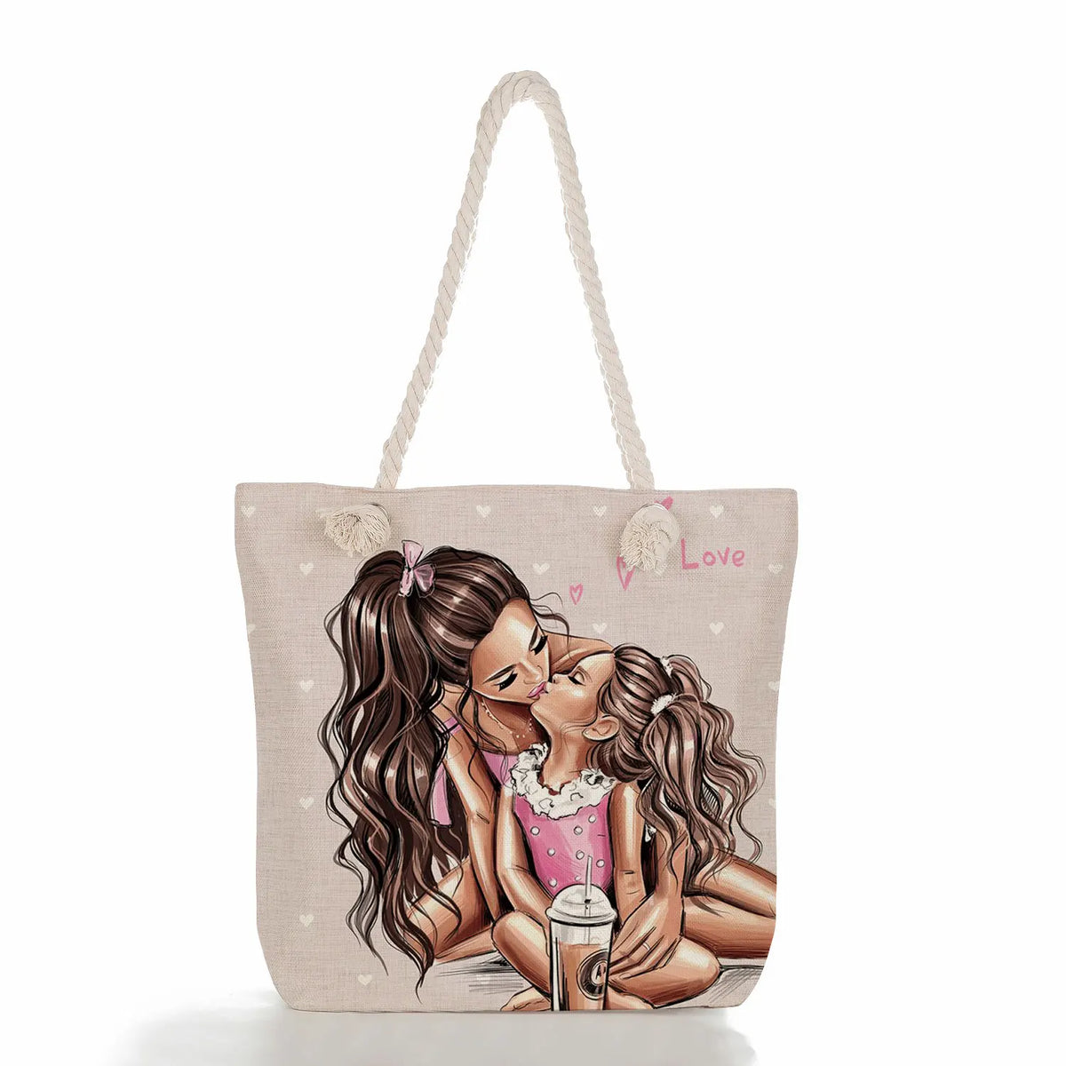 Cartoon Mama Print Large Handbag Mom & Baby Tote Travel Beach Bag