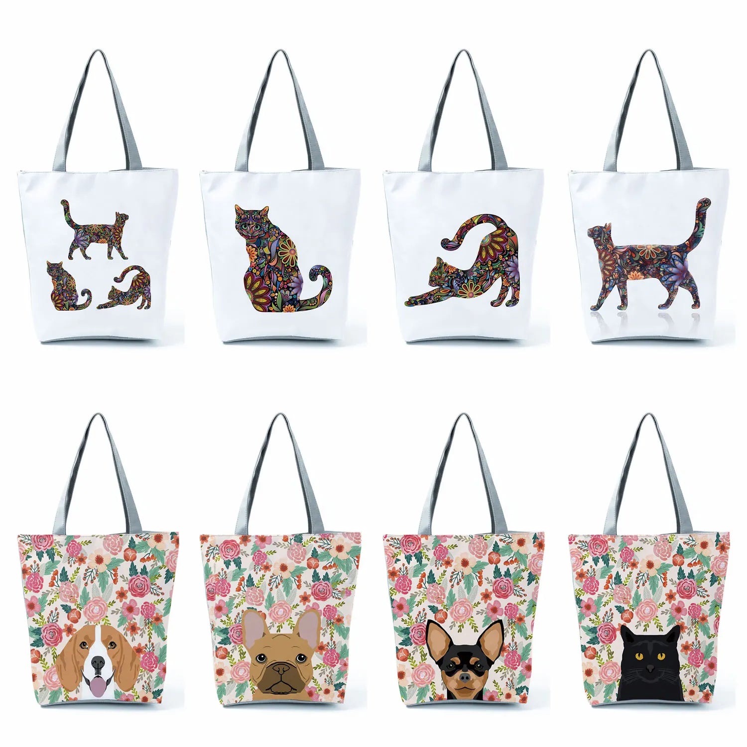 Floral Pet Dog Cat Print Women Tote Handbags Travel Beach Bag