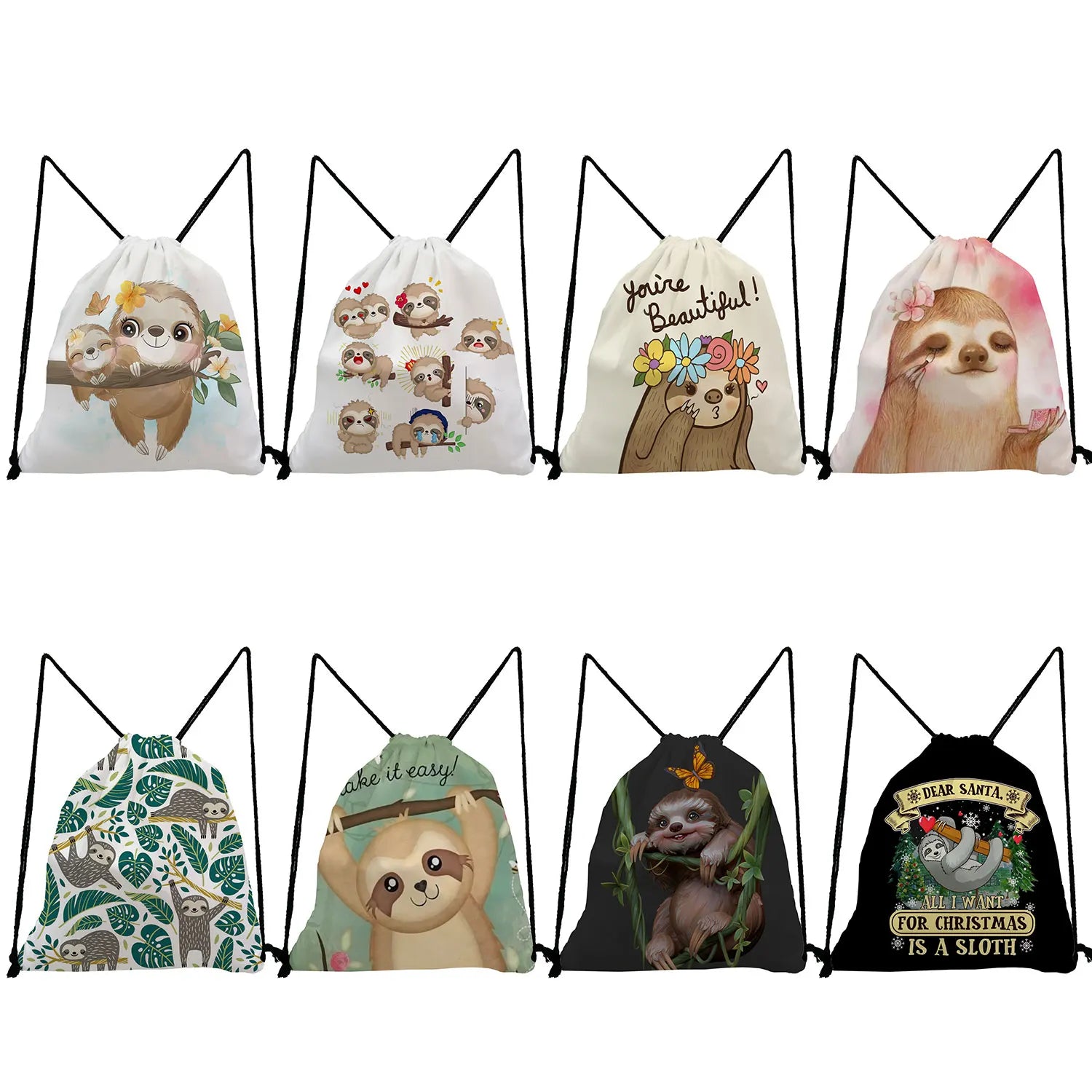 Plant Sloth Print Drawstring Pocket Backpack for Students