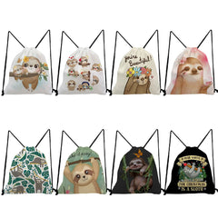 Plant Sloth Print Drawstring Pocket Backpack for Students
