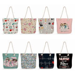 Linen Large Travel Beach Bag Eco Tote Nurse Print Shoulder Bags