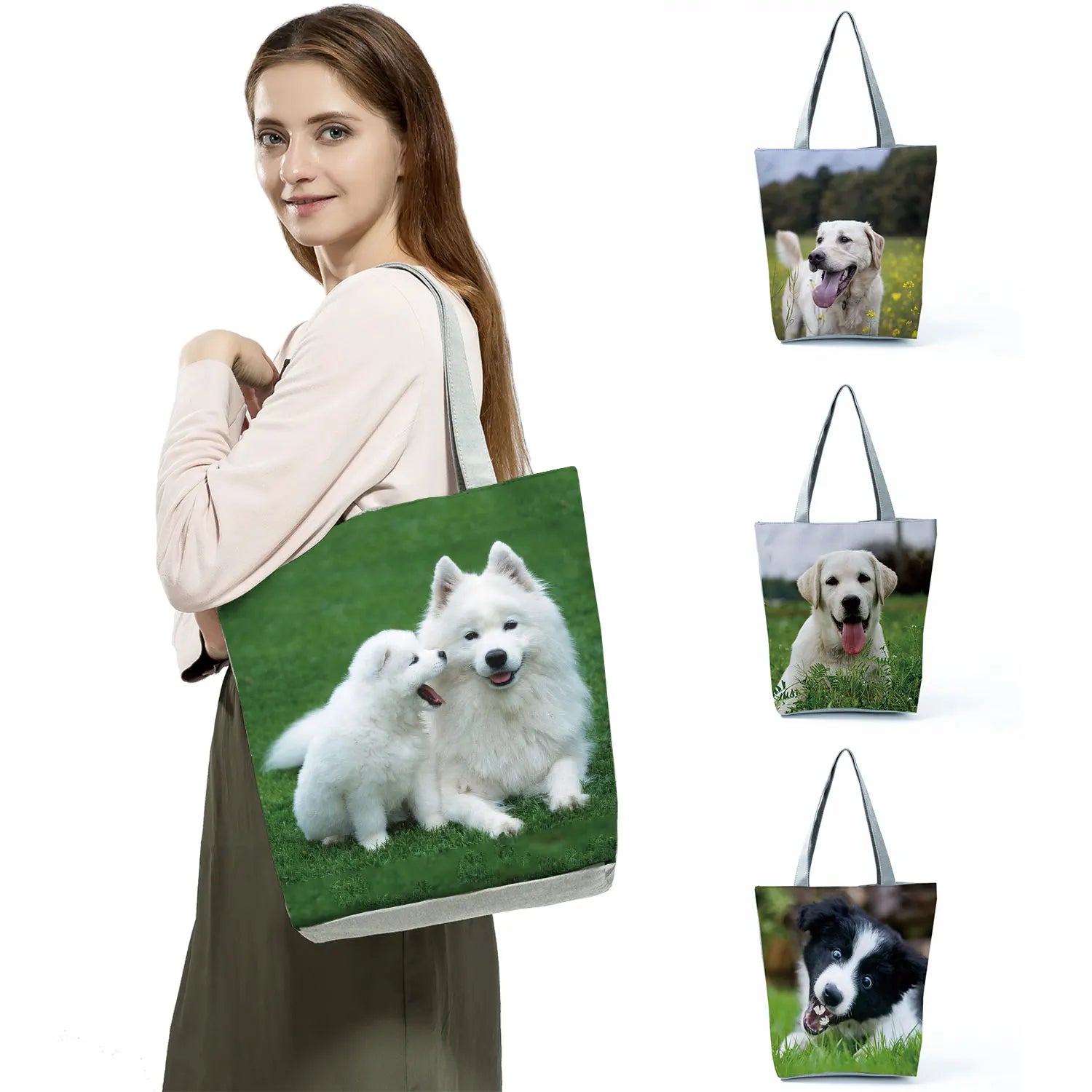 Animal Dog Printed Handbags High Capacity Shopping Bag Eco Friendly Women