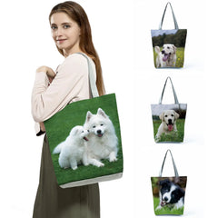 Animal Dog Printed Handbags High Capacity Shopping Bag Eco Friendly Women