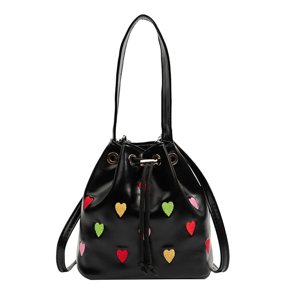 Love Heart Embroidered Crossbody Bag Leather Handbag Purse Bucket Bag