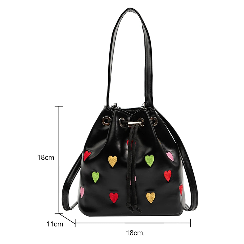 Love Heart Embroidered Crossbody Bag Leather Handbag Purse Bucket Bag