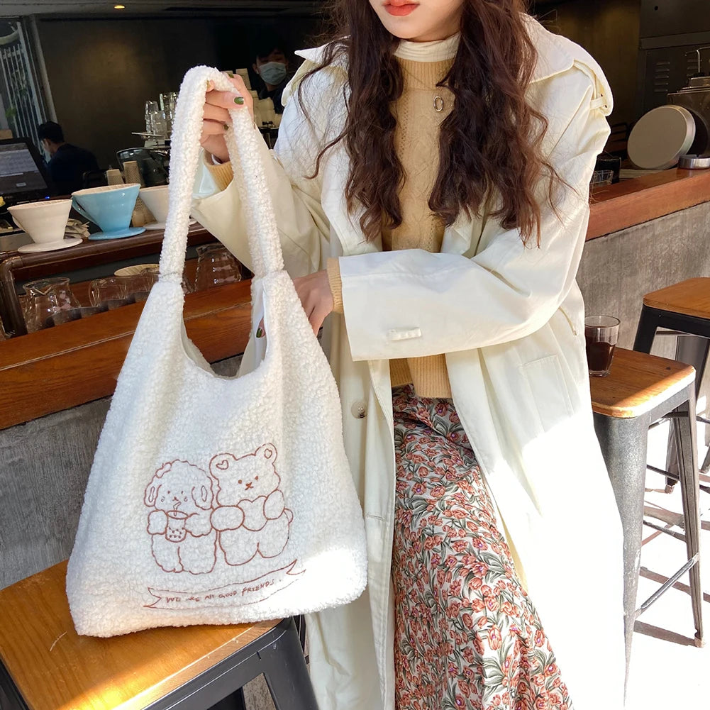 Bear Plush Underarm Bag Large Capacity Embroidered Lovely Animal Tote Bag