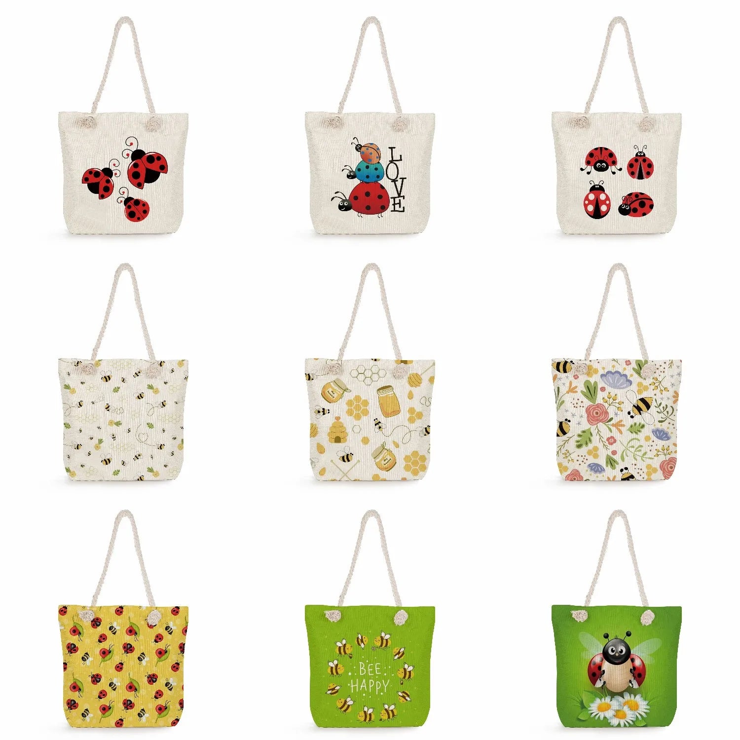 Bee Ladybug Handbags Summer Travel Beach Bag High Capacity Thick Rope Shoulder B