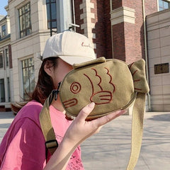 Embroidered Fish Shape Canvas Messenger Bag Mini Crossbody Zippered Purse