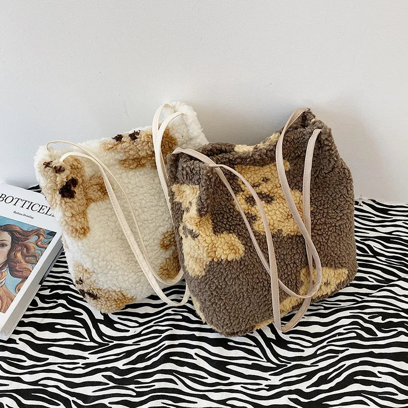 Fluffy Bear Plush Tote Bag Soft Winter Shoulder Handbag