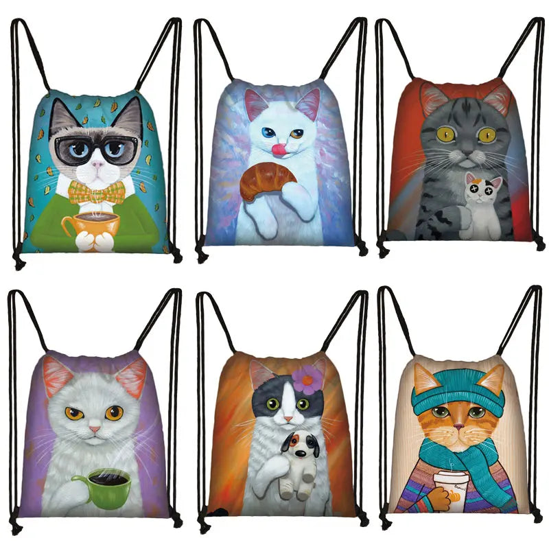 Cat Coffee Print Drawstring Bag Softback Backpack Girls Daypack