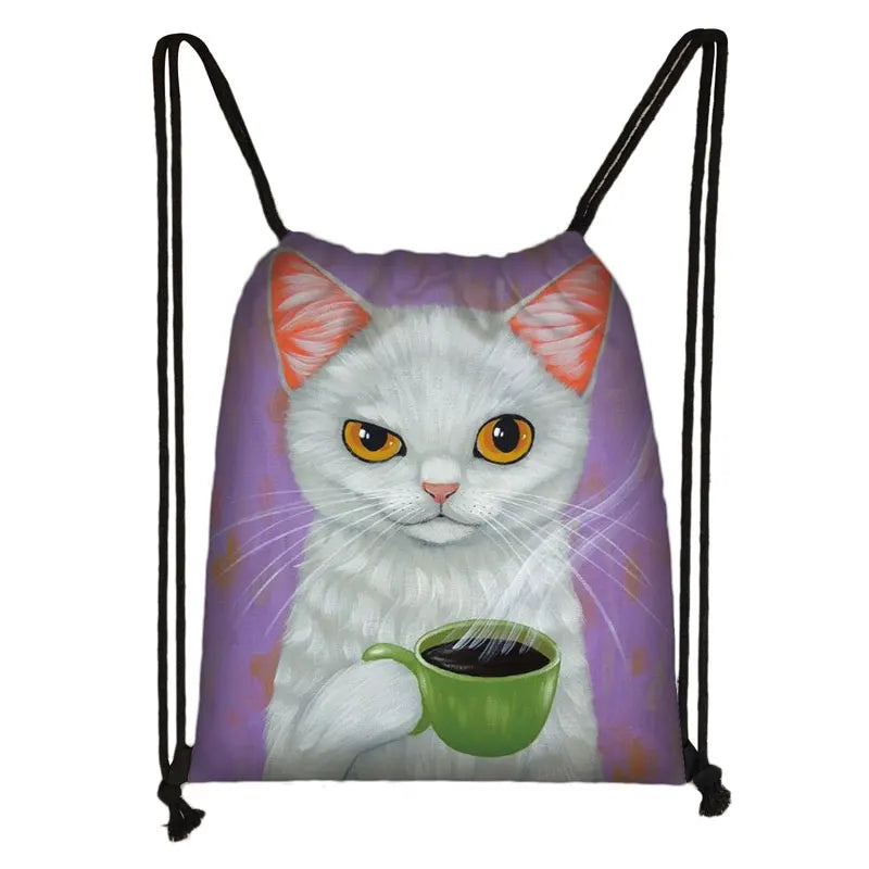 Cat Coffee Print Drawstring Bag Softback Backpack Girls Daypack