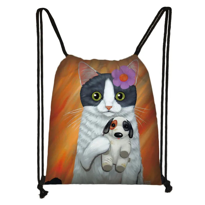 Cat Coffee Print Drawstring Bag Softback Backpack Girls Daypack