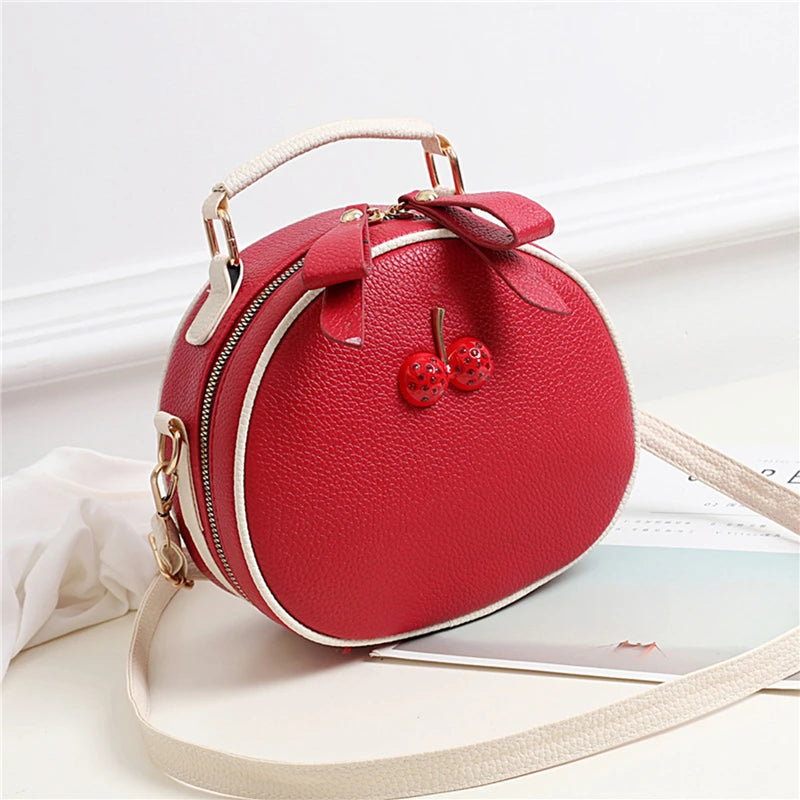 Cherry Small Round Shoulder Bag Women Embossed Leather Crossbody bag