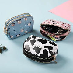 Cow Pattern Coin Purse Women Card Wallet Double Pocket Zipper Key Bag Portable