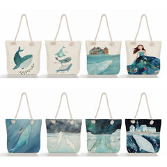 Girl Whale Sea Series Printed Handbags Linen Totes Shoulder Bag