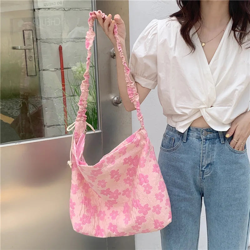 Pink Pleated Shoulder Strap Tote Handbag Floral Summer Crossbody Bag