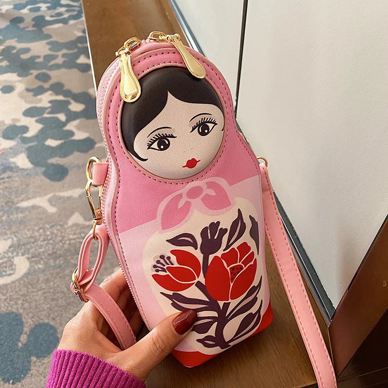 Matryoshka Doll Shoulder Bag Pink Crossbody Handbag Small Clutch for Women