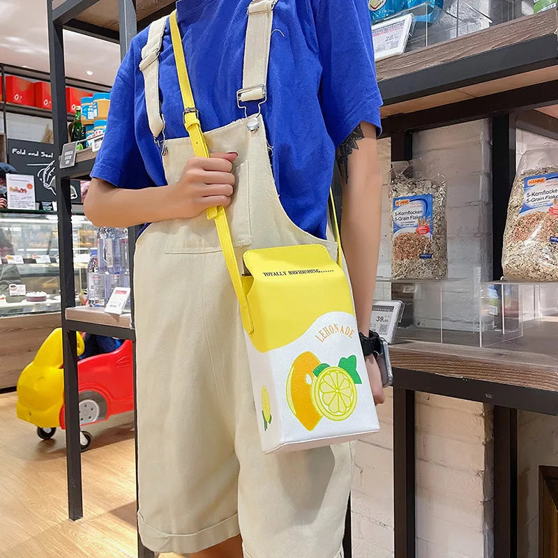 Harajuku Strawberry Drink Shoulder Bag - Funny Lemon Print