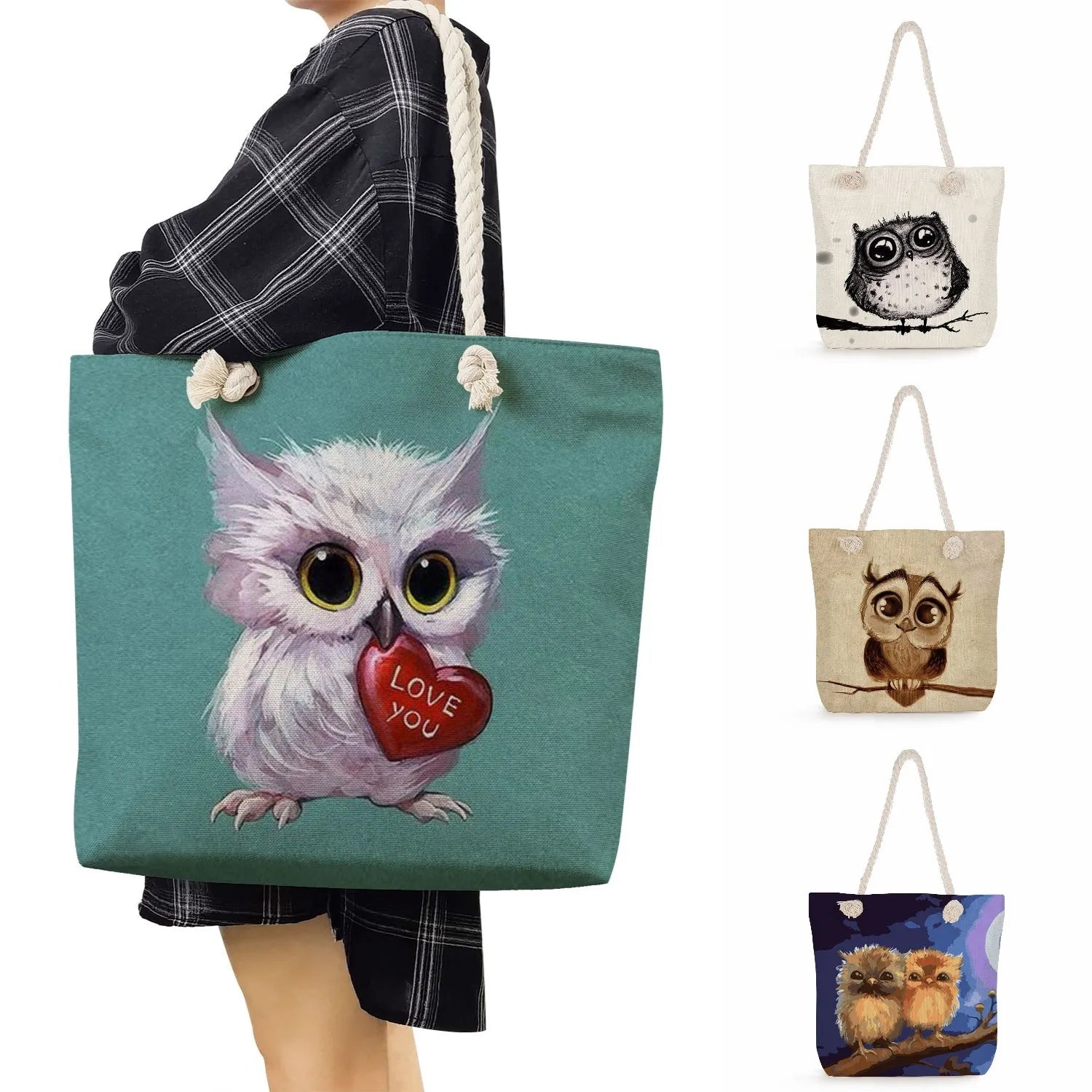 Owl Print Handbags Lady Big Capacity Reusable Shopping Bags