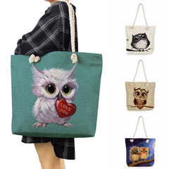 Owl Print Handbags Lady Big Capacity Reusable Shopping Bags