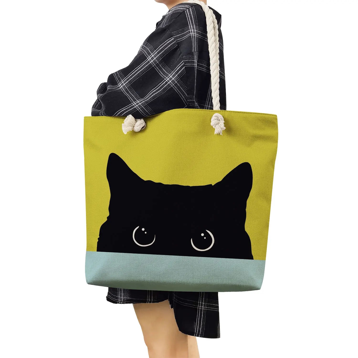 Cat Prints Women Shoulder Bag Thick Rope Handbags Eco Reusable Shopping