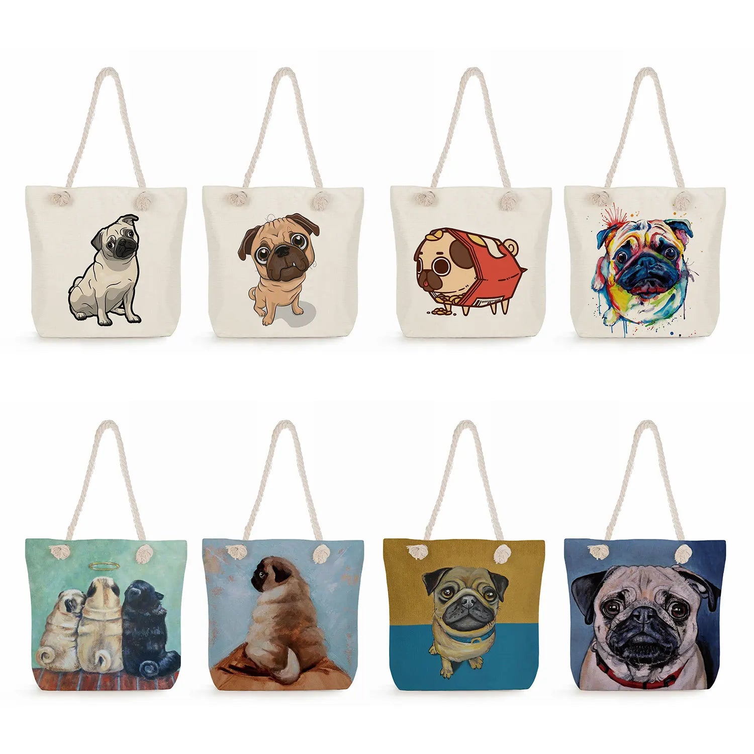 Pug Dog Print Reusable Shopping Bags High Capacity Foldable Handbags
