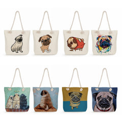 Pug Dog Print Reusable Shopping Bags High Capacity Foldable Handbags