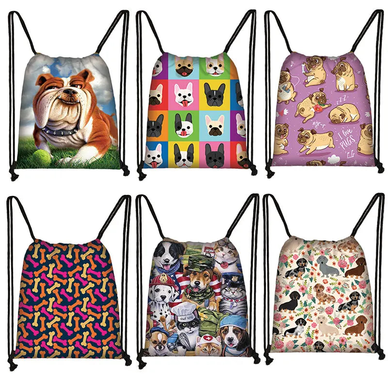 Pug Print Drawstring Bag Ladies Shopping Storage Bag Travel 3D Print Animal Dog