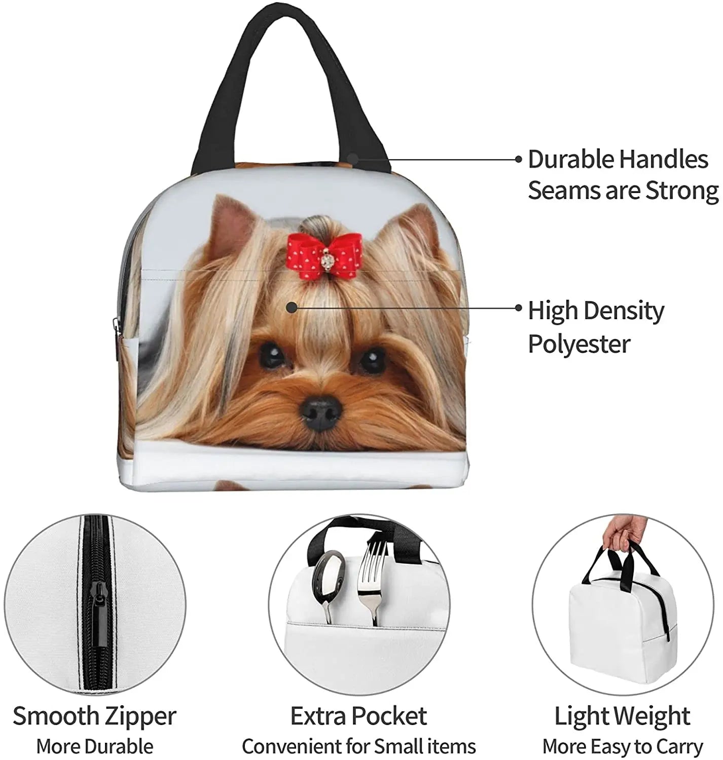 Ribbon Yorkie Love Dog Lunch Bag for Women Reusable Insulated Lunch Box