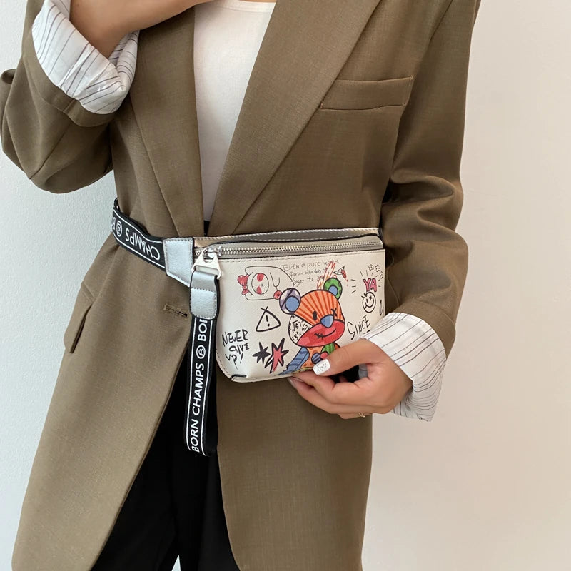 Funny Doodle Bear Cartoon Waist Bag Women Crossbody Shoulder Handbag