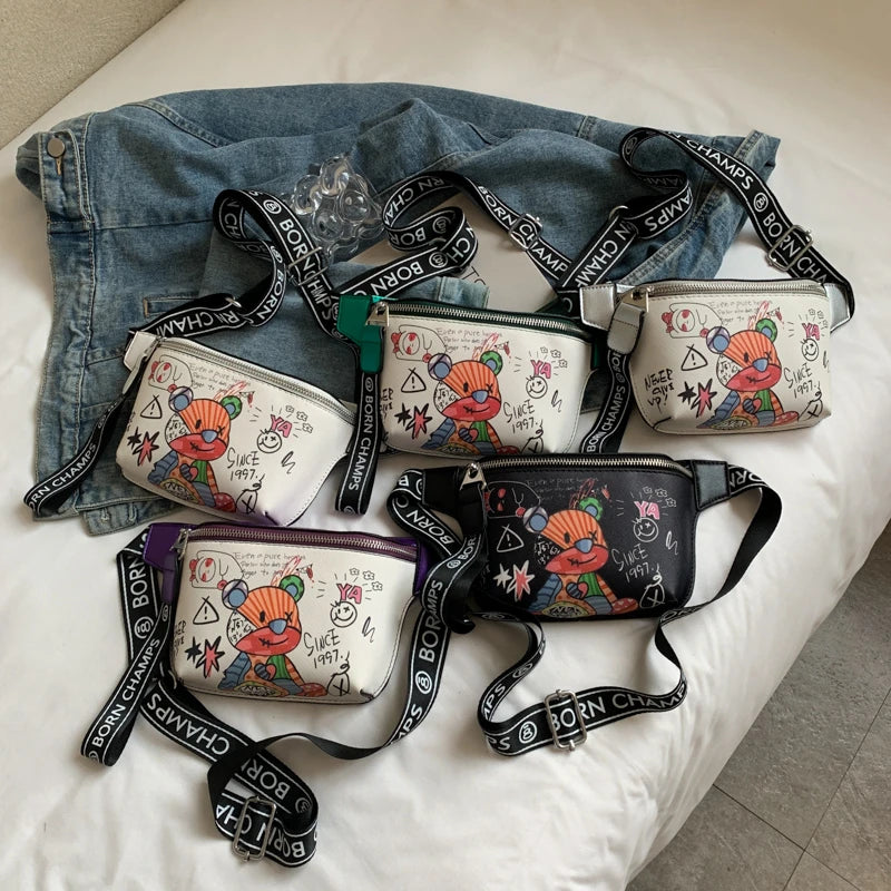 Funny Doodle Bear Cartoon Waist Bag Women Crossbody Shoulder Handbag
