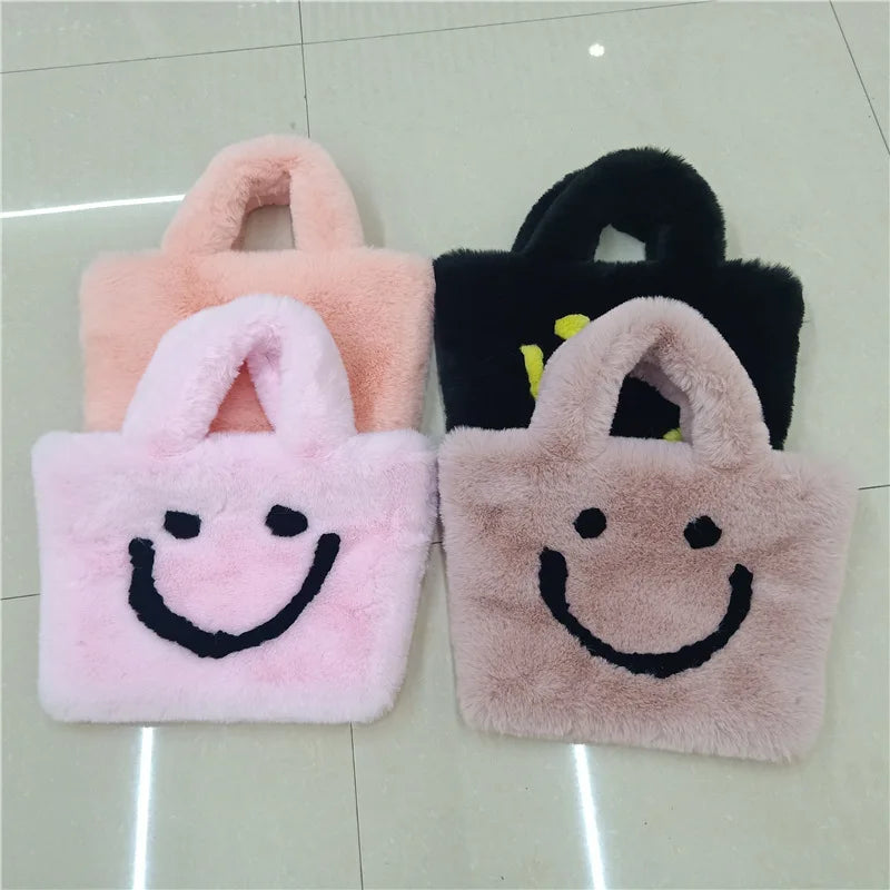 Smiley Face Women Plush Shoulder Bag Soft Faux Fur Ladies Chain Messenger Bags