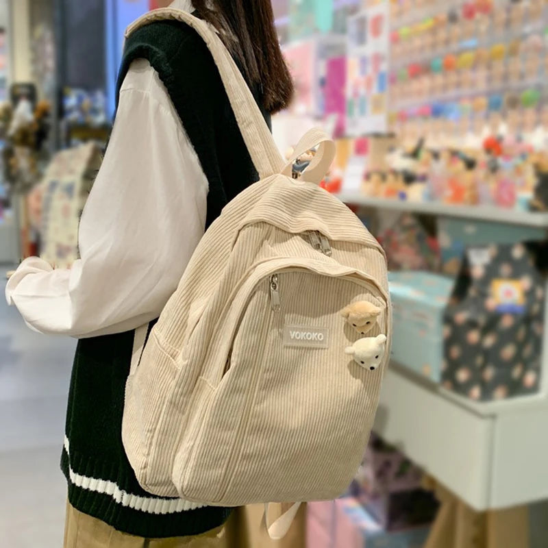 Soft Corduroy Woman Backpack School Backpack for Teenage Girls