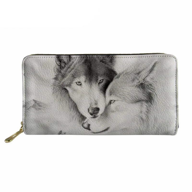 Wolf 3D Print Leather Long Wallet for Women Unique Clutch Purse