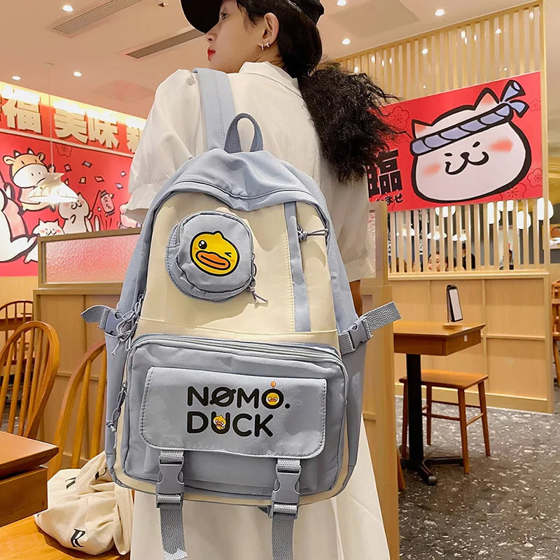 Women School Bags for Girls Panelled Backpack Student Nylon Bookbag