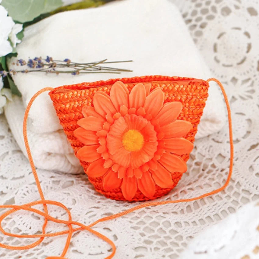 Flower Straw Bag Shoulder Mini Bag Key Wallet Children Beach Bag