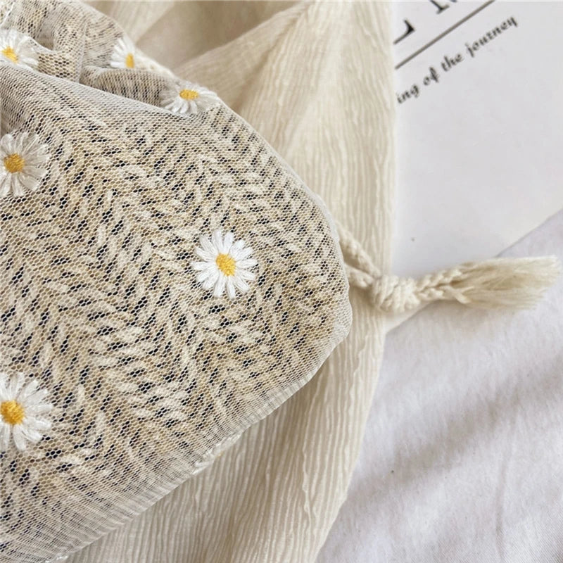 D0LF Flower Straw Bag Drawstring Bucket Bag Woven Shoulder Bag