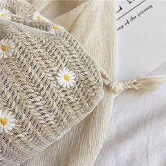 D0LF Flower Straw Bag Drawstring Bucket Bag Woven Shoulder Bag