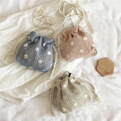 D0LF Flower Straw Bag Drawstring Bucket Bag Woven Shoulder Bag