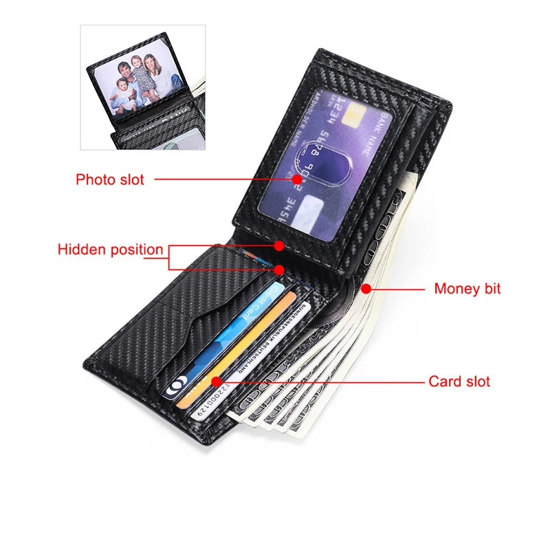 RFID Carbon Fiber Leather Men Wallets Small Wrist Purses Money Bag Clutch
